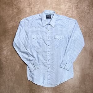 Wrangler Cowboy Cut X Long Tails Vintage Pearl Snap Western Shirt Striped Blue